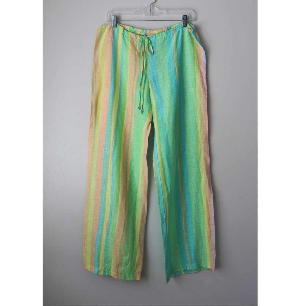 Milly New York Colorful Striped 100% Linen Pull On Drawstrings Pants Small
